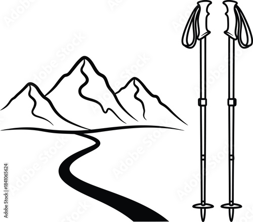 Hiking in the mountains with trekking poles vector illustration art eps silhouette