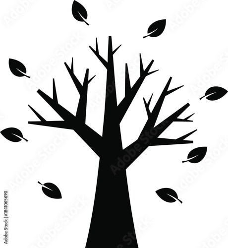 Stylized Black Silhouette of a Bare Tree with Falling Leaves Keywords: tree, silhouette, bare, branches, falling leaves, autumn, fall, nature, season, deciduous, leafless, wind, windblown