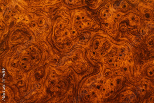 Luxury brown burl wood texture background. Abstract wooden surface with swirling grain pattern and knots. Vintage polished root veneer wallpaper.