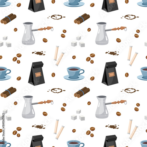 Coffee drink seamless pattern. Vector cups, coffee beans, Turkish coffee pot, cinnamon sticks, sugar, spots. Vector texture illustration