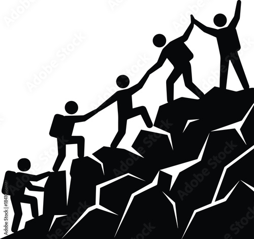 Teamwork climbing mountain silhouette, helping each other reach success, leadership support concept, collaborative effort illustration, group achieving goal through unity and cooperation