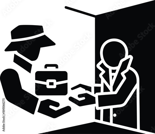 Two Figures Exchanging a Briefcase at a Doorway exchange people
