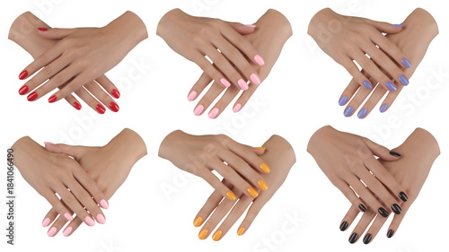 Set of six manicured hands displaying different nail polish colors red, pink, purple, nude, yellow, and black isolated on transparent background