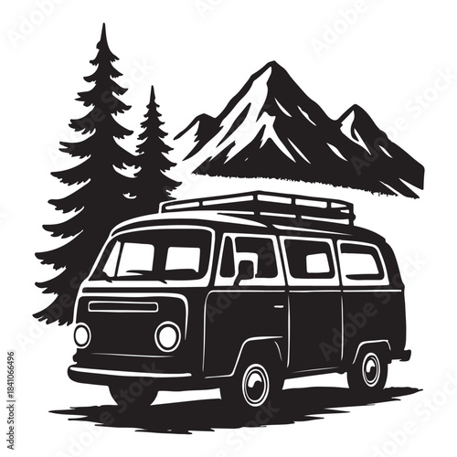 Silhouette travel vintage camper van adventure with mountain and evergreen tree landscape illustration