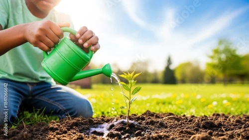 Child watering sapling in sunny park garden, environmental education and sustainability