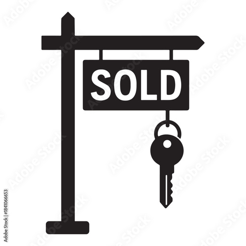 Silhouette of real estate sold sign with hanging house key vector illustration