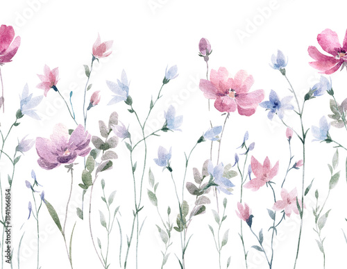 Watercolor floral border with delicate pink, lilac and blue wildflowers. Hand-painted botanical background for wedding design, textile, greeting cards, packaging and spring decor.