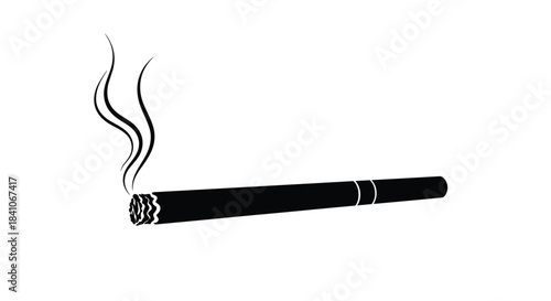 A simple black silhouette icon of a burning cigarette or cigarillo with elegant wisps of smoke, isolated on a white background.