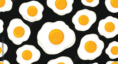 A playful and seamless pattern of sunny-side-up fried eggs scattered across a solid black background for a fun food design.