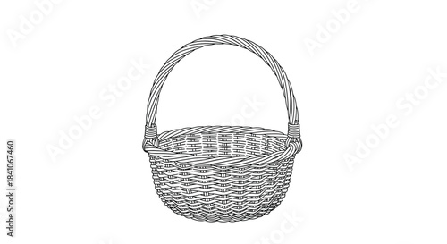A detailed black and white line art illustration of a traditional empty woven wicker basket with a handle, ideal for coloring.