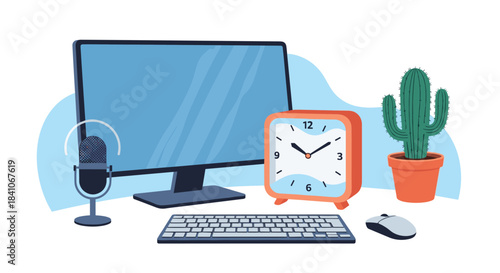 Modern home office workspace with a computer, microphone for podcasting, an orange alarm clock, and a cactus plant on the desk.