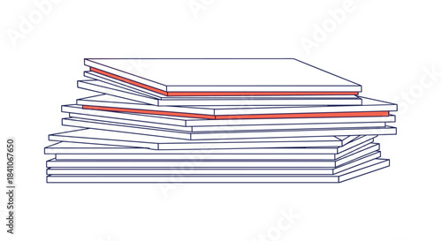A messy stack of white and red office papers, documents, and files, symbolizing paperwork, bureaucracy, and office workload.