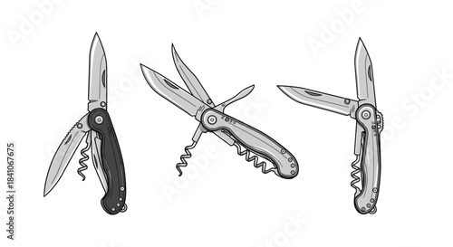 A set of three detailed, hand-drawn sketch illustrations of versatile multi-tool pocket knives for camping and everyday carry.