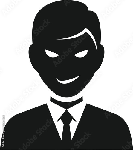 Black silhouette icon of a man in a suit with a sly smile and narrowed eyes Keywords: man, silhouette, icon, business, man, suit, tie, shirt, collar, profile, headshot, avatar, user, person