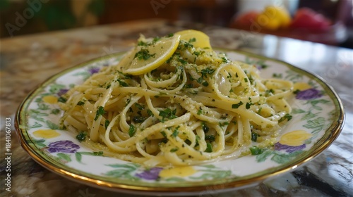 Lemon Butter Linguine Pasta with Zucchini Ribbons, Herbs, and Grated Parmesan Cheese