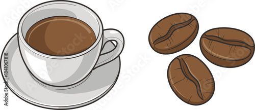 Coffee cup and roasted beans set, hot breakfast drink, morning beverage, caffeine energy illustration vector