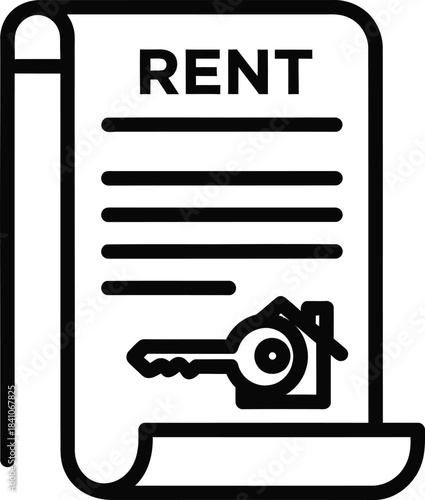 Black and white icon of a rent contract document with a key and house symbol Keywords: rent, contract, document, lease, agreement, property, real estate, housing, home, key, house, icon, symbol