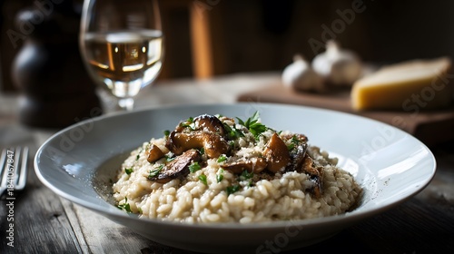 Creamy Italian Mushroom Risotto Drizzled with Truffle Oil and Topped with Parmesan Cheese