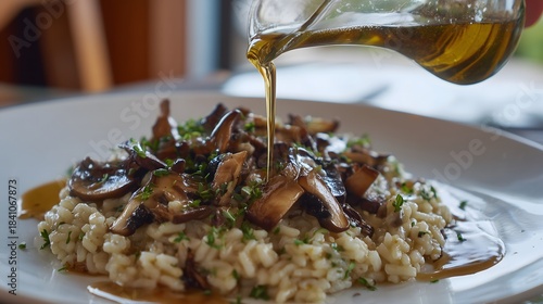 Creamy Italian Mushroom Risotto Drizzled with Truffle Oil and Topped with Parmesan Cheese