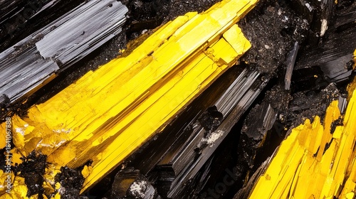 cadmium. Geological sample with vibrant yellow mineral crystals forming bands in a dark rock fissure. STEM education sheets.