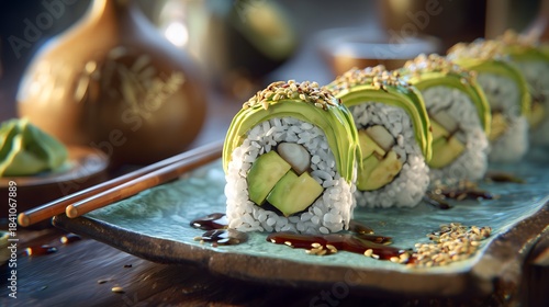 Japanese Sushi Rolls Topped with Avocado and Sesame Seeds Served on a Platter