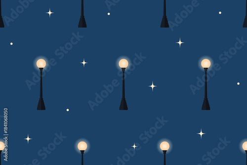 Yellow lanterns and stars on a blue background. Seamless pattern under clipping mask. Background for paper, cover, textile, gift wrap. Evening street lighting.