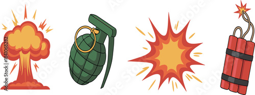 Explosion and bomb set, grenade, dynamite, mushroom cloud, warning danger, powerful blast illustration