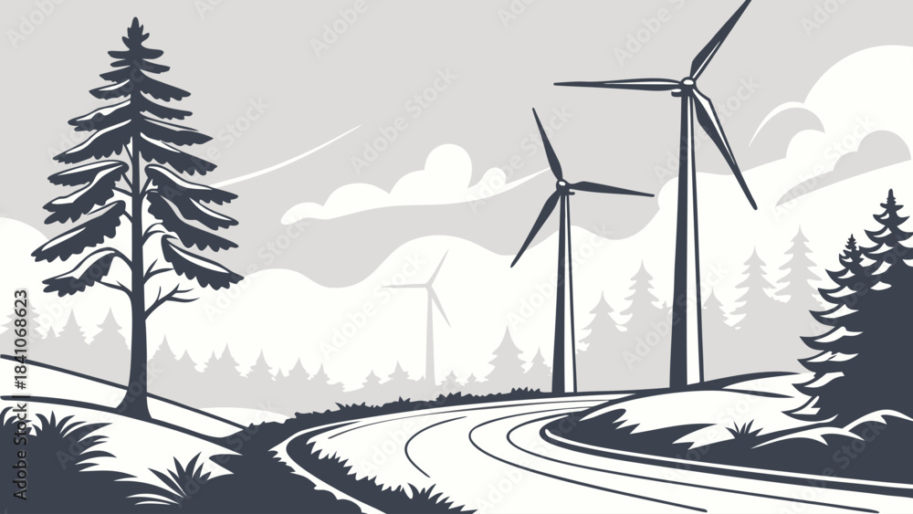 Obraz premium Illustration of wind turbines and trees along a road in a monochrome landscape drawing style