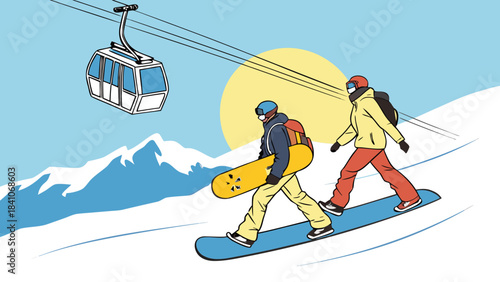 Two snowboarders walking on a snowy hill with a cable car and mountains in the background on a sunny day