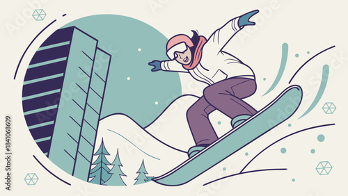 Illustration of a snowboarder in action with buildings and trees in the background in winter scene