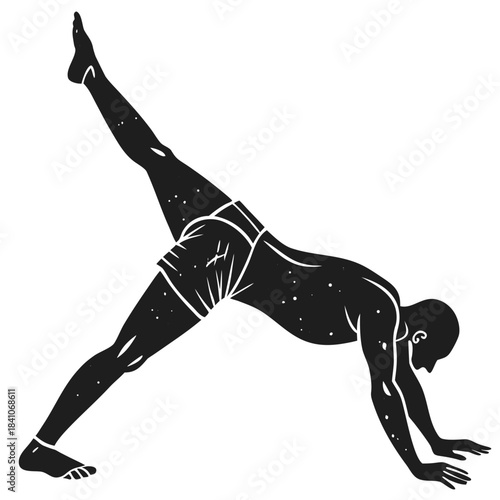 Man doing yoga pose. three-legged downward dog fitness graphic style.