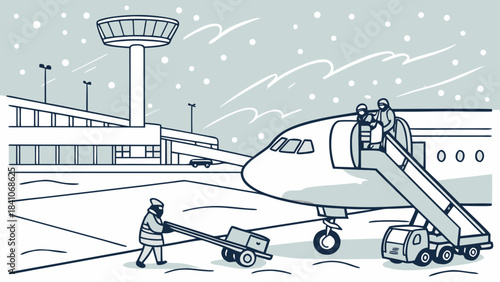 Illustration of airplane at airport with passengers boarding in a winter scene with snow falling