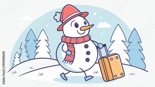 Snowman wearing hat and scarf pulling a suitcase through a snowy winter landscape illustration