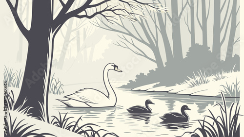A serene illustration of a swan and two ducks swimming in a river surrounded by trees and vegetation