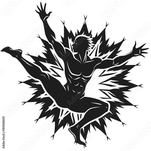 Dynamic stylized male figure leaping with abstract energy burst