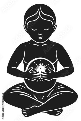 Meditating figure holding glowing cosmic sphere, inner light