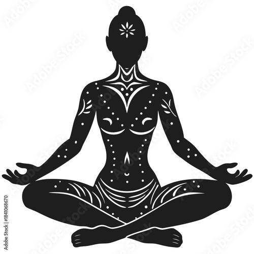 Stylized woman meditating lotus pose spiritual pattern design yoga