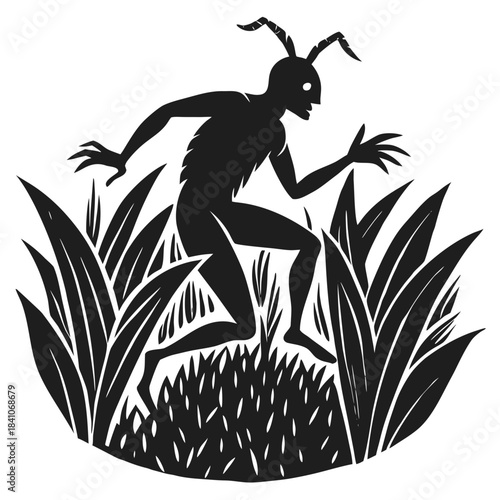 Mysterious ant-like creature silhouette hiding in tall grass