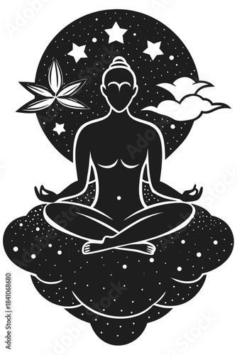Zen meditation figure on a cosmic cloud with stars and elements
