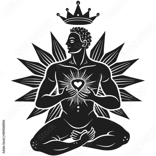 Meditating person with radiant heart, crown, and sunburst icon