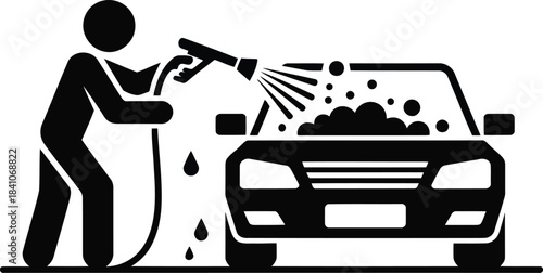 A black silhouette graphic showing a person actively washing a car with a pressure washer and soap suds