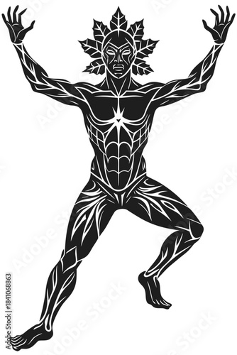 Stylized nature man with leaf crown and tribal body patterns design