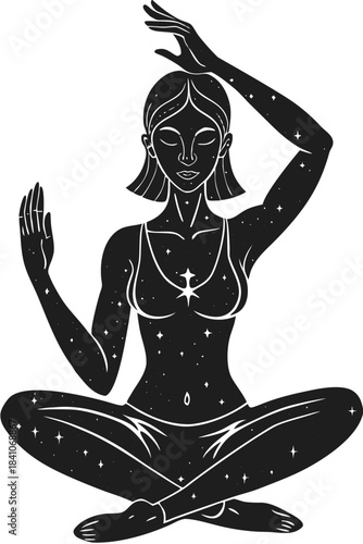 Cosmic woman meditating, star-filled, silhouette, spiritual art