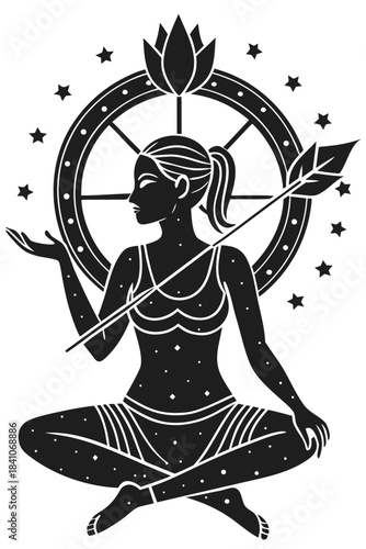 Spiritual zodiac maiden, arrow, lotus, cosmic wheel symbol art.