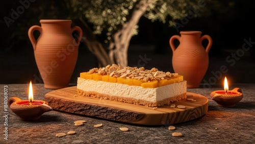 Mango cheesecake slice presented on a rustic wooden board with glowing oil lamps and ancient terracotta amphorae, evoking a mediterranean or ancient theme