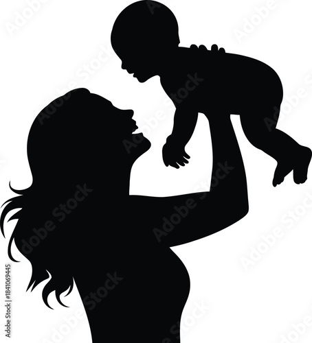 A black silhouette of a happy mother lovingly holding her baby high in the air