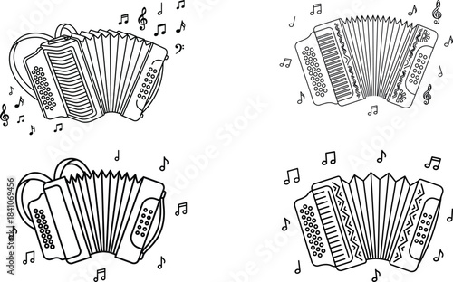 Detailed line art illustration of accordions with musical notes surrounding them