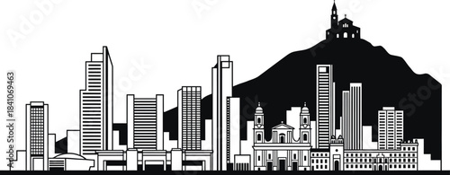 Black and white skyline illustration of a city with a mountain backdrop