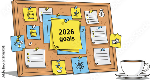 A corkboard displaying notes photos and a 2026 goals reminder with coffee