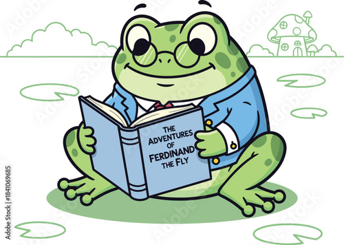 A charming frog professor engrossed in a book set in a whimsical landscape
